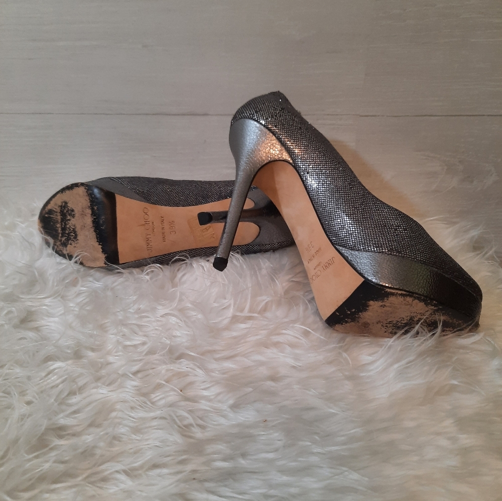 Jimmy Choo Silver black shimmer Platform heels sz 38.5 8.5 Italy - Picture 3 of 11